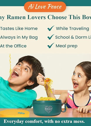 AI LOVE PEACE Ramen Bowl, 40 oz Microwaveable Noodle Cooker for Ramen, Pho, Soup, and Pasta, Dishwasher Safe and Portable, Ideal for Home, Office, Dorm, or Gift (Green)