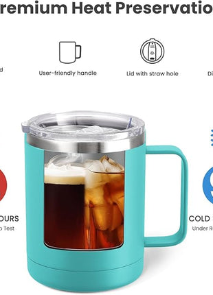 MEWAY 12oz Coffee Mug With Handle 4 Pack Bulk,Stainless Steel Insulated Travel Tumblers With Sliding Lid,Double Wall Vacuum Camping Cup for Hot & Cold Drinks Tea (Light Green,Set of 4)