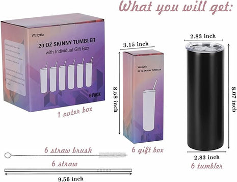 6 Pack 20 Oz Straight Skinny Tumblers,Individually Gift Boxed Stainless Steel Slim Skinny Tumbler Set Bulk, 20 Oz Insulated Slim Thin Travel Tumbler Cup for Diy, Black