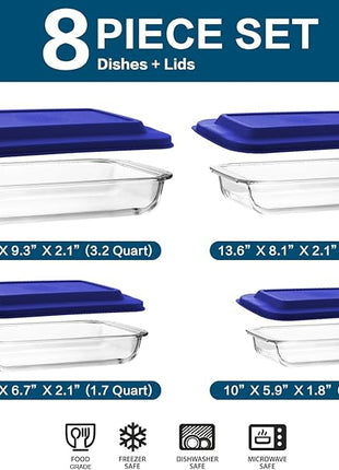 8-Piece Deep Glass Baking Dish Set with Plastic lids,Rectangular Glass Bakeware Set with Lids, Baking Pans for Lasagna, Leftovers, Cooking, Kitchen, Freezer-to-Oven and Dishwasher, Blue