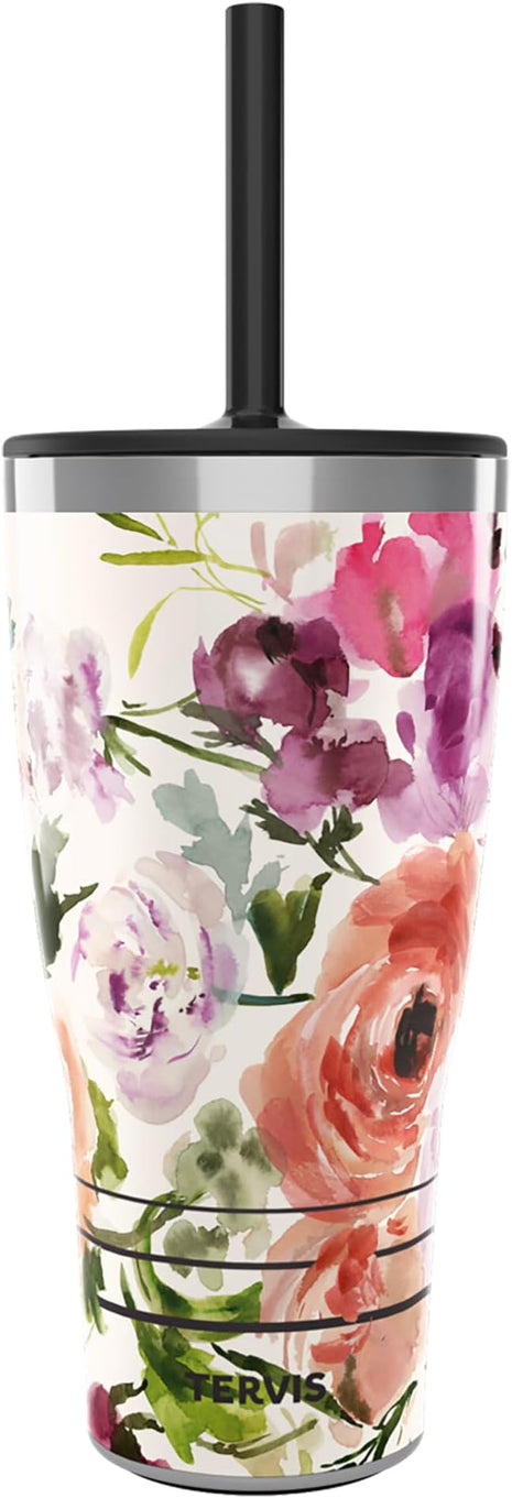 Tervis Traveler Kelly Ventura Floral Collection Triple Walled Insulated Tumbler Travel Cup Keeps Drinks Cold & Hot, 30oz - with Straw Lid - Stainless Steel, Heather Rose
