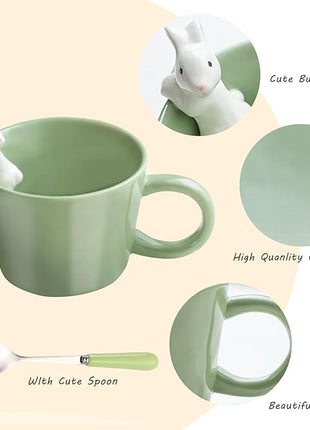 BigNoseDeer Cute Easter Bunny Mugs with 3D Rabbit Inside Kawaii Ceramic Rabbit Coffee Mug with Spoon Cute Gifts Easter Gifts Gag Gifts for Women White Elephant Gifts for Adults 12oz (Green)