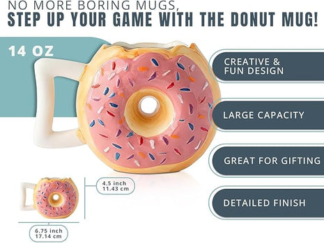 Comfify Ceramic Donut Mug – Pink Glaze with Sprinkles – Funny “MMM... Donuts!” Quote – 14 oz Coffee Cup for Tea, Hot Chocolate, and More – Giftable Novelty Drinkware