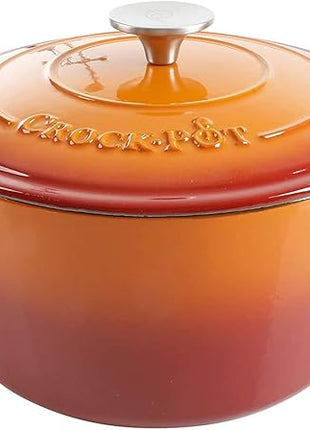 Crock-Pot Artisan 5-Quart Round Enameled Cast Iron Dutch Oven – Sunset Orange, Durable Heavy-Duty Cookware for Slow Cooking, Roasting, Baking with Lid