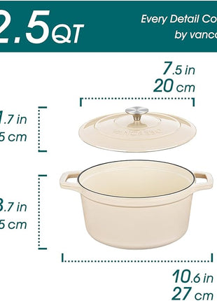 vancasso 2.5 QT Enameled Cast Iron Dutch Oven with Stainless Steel Knob Lid – Small Non-Stick Casserole for Steaming, Baking, and Roasting – Cream Color