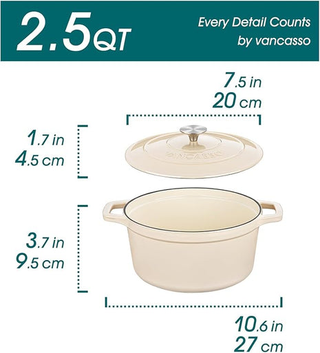 vancasso 2.5 QT Enameled Cast Iron Dutch Oven with Stainless Steel Knob Lid – Small Non-Stick Casserole for Steaming, Baking, and Roasting – Cream Color