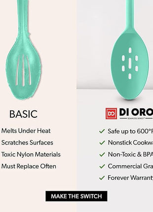 DI ORO Silicone Spoons for Cooking - Large Kitchen Spoons for Mixing, Serving, & Stirring - 600°F Heat-Resistant Non Stick Utensils – Big Solid & Slotted Basting Spoons - Dishwasher Safe (2pc, Mint)
