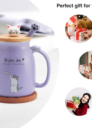 Cute Cat Cup Ceramic Coffee Mug with Kawaii Cat Wooden Lid, Lovely Stainless Steel Spoon, Anime Kitty Thicken Wooden Coaster, Christmas Birthday Cute Thing Japanese Mug 16oz (Purple)