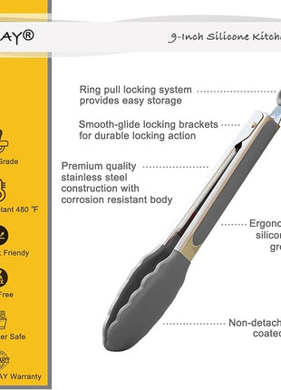 Locking Kitchen Tongs with Silicon Tips 9-Inch Stainless Steel Grilling Tongs, Set of 3 (Gray)