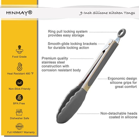 Locking Kitchen Tongs with Silicon Tips 9-Inch Stainless Steel Grilling Tongs, Set of 3 (Gray)