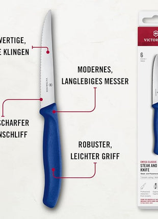 Victorinox 6.7232.6 Swiss Classic Steak Knife Set Ideal for Slicing a Wide Variety of Steak Cuts Wavy Edge Blade in Blue, Set of 6