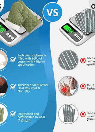 Oven Mitts and Pot Holders 4 pcs Set,High Heat Resistant 500 Degree Extra Thicken Long Kitchen Cotton Oven Glove for Cooking (12 Inch,Green)