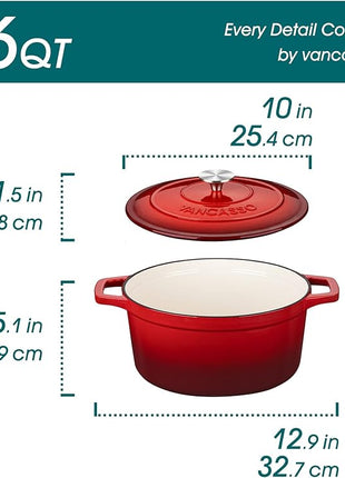 vancasso 6 QT Enameled Cast Iron Dutch Oven with Lid, Dual Handles for Bread Baking, Heavy-duty Round Dutch Oven, Non Stick Coating, All Heat Source, Red