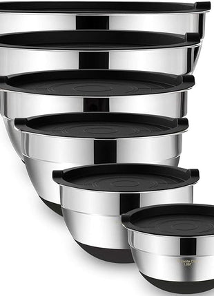 Umite Chef Mixing Bowls with Airtight Lids，6 piece Stainless Steel Metal Nesting Storage Bowls, Non-Slip Bottoms Size 7, 3.5, 2.5, 2.0,1.5, 1QT, Great for Mixing & Serving(Black)