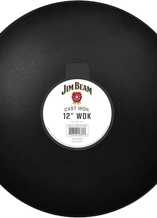 Jim Beam 12'' Pre Seasoned Heavy Duty Construction Cast Iron Grilling Wok, Griddle and Stir Fry Pan