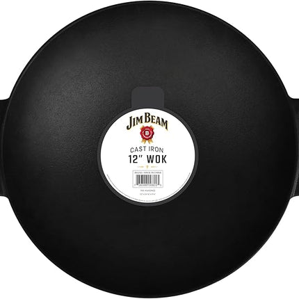 Jim Beam 12'' Pre Seasoned Heavy Duty Construction Cast Iron Grilling Wok, Griddle and Stir Fry Pan