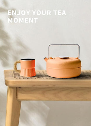 Toptier Teapot with Removable Infuser, Cast Iron Tea Kettle Stovetop Safe, Solid Geometry Cylinder Design Tea Pot Coated with Enameled Interior for 27 Ounce (800 ml), Yellow to Orange