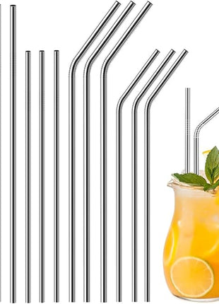 Vinaco Stainless Steel Straws Reusable, 12 Pack 8.5" & 10.5" Metal Straws 0.24" for 20 oz - 32 oz Tumblers, Long Drinking Straws with Cleaning Brush for Coffee, Juice, Cocktail and Hot Drinks