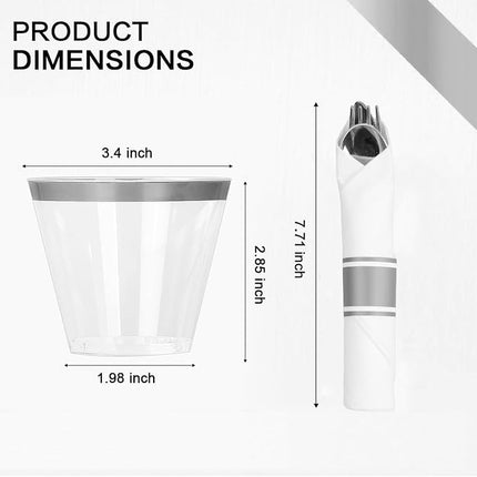 175 Piece Silver Dinnerware Set,25 Silver Rim Plastic Plates, 25 Cups,25 Pre Rolled Napkins with Plastic Silverware, Disposable Dinnerware Set for 25 Guest