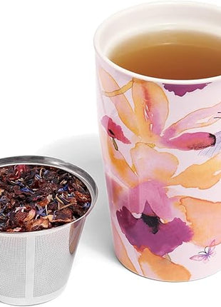Tea Forte Double-Walled Ceramic Kati Cup, Removable Stainless Steel Infuser Basket and Lid, Steeps 12 oz Loose Leaf Tea, Dishwasher & Microwave Safe, Mariposa