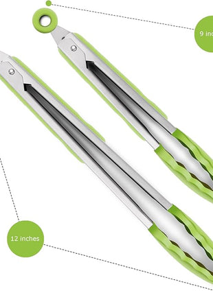 Premium Silicone Set of 2 Cooking Tongs, 9-Inch & 12-Inch BPA Free Non-Stick Stainless Steel BBQ Grilling Locking Food Tong, Light Green