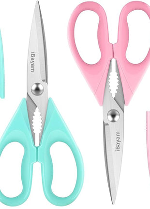 iBayam Kitchen Scissors - All Purpose Heavy Duty Meat Scissors, Poultry Shears, Dishwasher Safe, Stainless Steel, 2-Pack, Pastel Pink, Mint Blue
