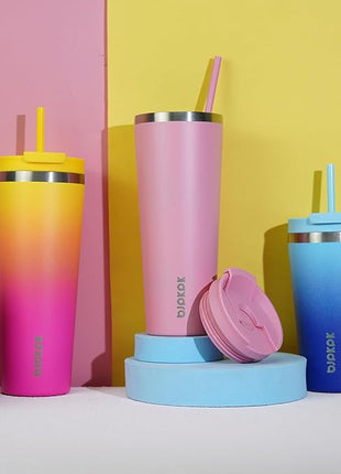 BJPKPK 22oz Stainless Steel Insulated Tumbler With lid And Straw Travel Coffee Thermal Tumblers Cup For Women And Men,Pink Yellow Rose