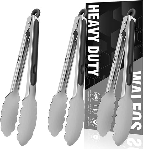 Walfos Kitchen Small Tongs - 7 inch Heavy Duty Mini Food Tongs, Stainless Steel and Non-Slip Heat Resistant Handle - Great for Cooking, Salad, Grilling and Barbecue，3 Piece