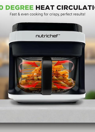 Nutrichef 5.8 Quart Air Fryer | 8-1 Preset Cook Modes | Transparent Fry Bowl for Best Cooking Results | Cook Shrimp, Steak, Fries, Wings, Chicken & More | Precise Temperature Control & Time | White