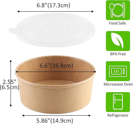 36oz 50 Sets Large Kraft Paper Bowls with Lids, Disposable Bowls with Lids, Paper Salad Bowls, Paper Food Container with Lid Perfect for Hot/Cold Food, Soup, Salad, Ice Cream