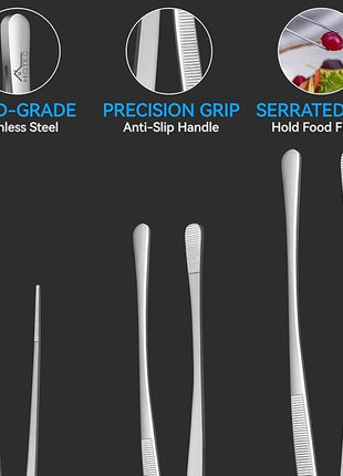 HOTEC Kitchen Tweezers Tongs Stainless Steel Professional Chef Tweezers, Set of 3-6.3", 10" and 12inch Food Tongs for Cooking, Repairing, Dessert, BBQ, Meat, Pasta