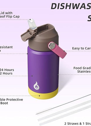 BJPKPK Insulated Water Bottle with Straw Lid, 12oz Thermo Water Bottles with Soft Nozzle, Flex Handle & Non-slip Boot, BPA Free Leak Proof Stainless Steel Metal Thermo, Tumblers, Cups,Violet