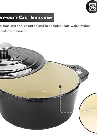 Puricon 5.5 Quart Enameled Cast Iron Dutch Oven with Lid, 5.5 QT Deep Round Dutch Oven Pot with Dual Handles -Black