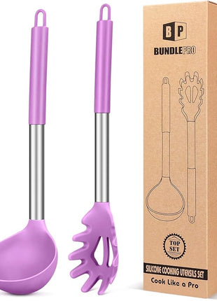 Silicone Pasta Fork and Ladle Spoon Set, Large Non Stick Kitchen Utensils for Cooking,Stirring,Serving Spaghetti, Soup, Sauce (PURPLE)