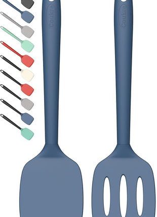 Coukre 2 Pack Silicone Spatula Set, High Heat Resistant, BPA Free Kitchen Spatula, Solid & Slotted Turner for Non-Stick Pans, Sautéing, and Flipping (2, PureDarkBlue)