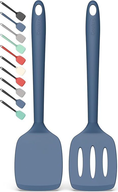 Coukre 2 Pack Silicone Spatula Set, High Heat Resistant, BPA Free Kitchen Spatula, Solid & Slotted Turner for Non-Stick Pans, Sautéing, and Flipping (2, PureDarkBlue)