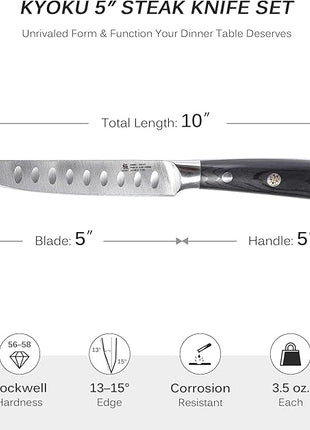 KYOKU Steak Knife Set of 6, Samurai Series 5" Steak Knives, Non Serrated High Carbon Steel Knives Set with Case Pakkawood Handles Mosaic Pins Sheaths, Ultra Sharp Dinner and Kitchen Knife Cutlery Set
