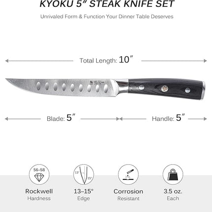KYOKU Steak Knife Set of 6, Samurai Series 5" Steak Knives, Non Serrated High Carbon Steel Knives Set with Case Pakkawood Handles Mosaic Pins Sheaths, Ultra Sharp Dinner and Kitchen Knife Cutlery Set