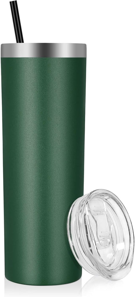 VEGOND Stainless Steel Skinny Tumbler, 20 oz Vacuum Insulated Tumbler with Lid and Straw, Double Wall Coffee Cup, Travel Mug for Cold Hot Drinks, Dark Green 1 Pack