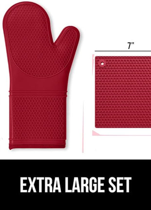 GORILLA GRIP BPA-Free Soft Silicone Oven Mitts and Pot Holders Sets of 4, Heat Resistant Waterproof Cooking Gloves, Thick Cotton Lining, Flexible Gripping for Baking Grilling, Kitchen Trivets, Red