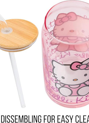 Silver Buffalo Sanrio Hello Kitty Waving Pink Glass Jar Tumbler with Bamboo Lid and Glass Straw, 16 Ounces