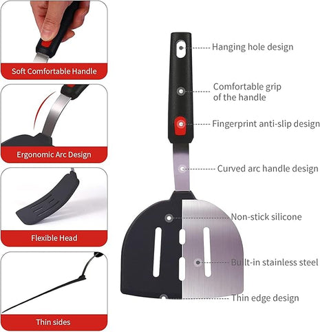 Tenta tenta kitchen Silicone Turner Pancake Slotted Spatula for Cooking - Nonstick Cookware Safe 600°F Flexible & Thin Cooking Flipper for Eggs - Reinforced Stainless Steel Core - BPA Free