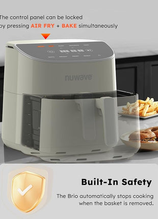 Nuwave Brio Plus 8 Qt Air Fryer, PFAS Free, New & Improved, Digital Touch Screen, Cool White Display, 50°F~400°F in Precise 5°, 5 Cook Functions, 100 Presets & 50 Memory, 3 Wattages 700, 1500, 1800
