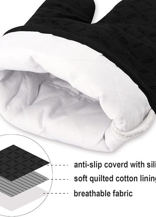 KEGOUU Oven Mitts and Pot Holders 6pcs Set, Kitchen Oven Glove High Heat Resistant 500 Degree Extra Long Oven Mitts and Potholder with Non-Slip Silicone Surface for Cooking (Black)