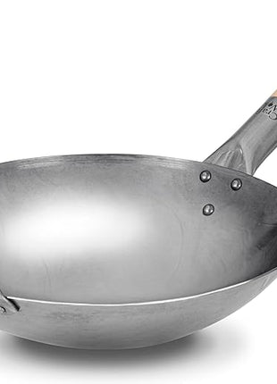 Craft Wok Traditional Hand Hammered Chinese Carbon Steel Wok with Wooden and Steel Helper Handle (12 Inch, Round Bottom Pow Wok Pan) / 731W88-12in