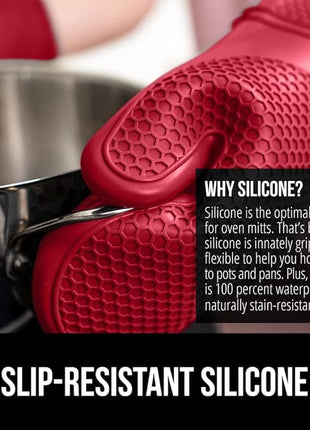 GORILLA GRIP BPA-Free Soft Silicone Oven Mitts, Heat Resistant and Waterproof Cooking Gloves, Thick Cotton Lining, Flexible Gripping Kitchen Potholders Set of 2, Christmas Kitchen Decor, 12.5x8.3, Red