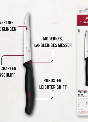 Victorinox 6.7233.6 Swiss Classic Steak Knife Set Ideal for Slicing a Wide Variety of Steak Cuts Serrated Blade in Black, Set of 6