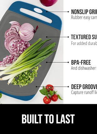 GORILLA GRIP BPA-Free Reversible Kitchen Cutting Board Set of 3, US Designed, Nonporous, Juice Grooves Catch Liquid, Slip Resistant Border, Dishwasher Safe, Durable Food Chopping Boards, Blue Gray