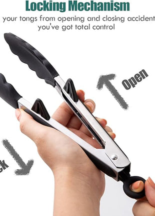 Kitchen Tongs, 9 Inch Tongs for Cooking with Silicone Tips, Food Grade Small Silicone Tong, Mini Serving Tongs for Nonstick Pans, BBQ, Salad, Set of 3, Black