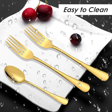 Set of 12, Gold Plated Stainless Steel Dinner Forks and Spoons, findTop Heavy-duty Forks (8 Inch) and Spoons (7 Inch) Cutlery Set- Gold